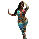 Ocean Wave Print Hollow Sexy Pant Set