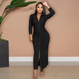 Solid Color V Neck Ruched Maxi Dress