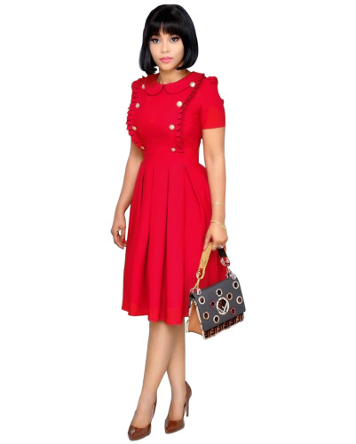 OL Style Ruffle Collar Short Sleeve Pleated Dress