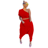 Solid Color Gathered Sloping Top Harem Pants Set with 2 Pockets
