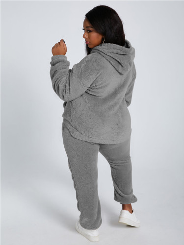 Solid Color Grey Plush Hooded Long Sleeve Winter 2 Piece Pant Set