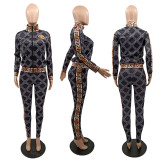 Fashion Branded Zipper Printed Jacket Long Pant 2 Pieces Set