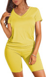 Fashion Solid Color V Neck Short Sleeve Shorts Set