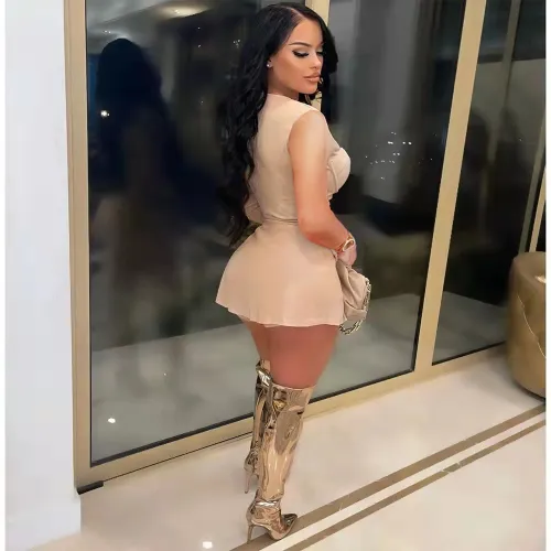 2022 Summer Khaki Two Piece Set Women Zip Mesh Sheer Top and Short Matching Sets