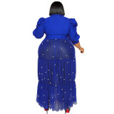 Plus Size Beaded Mesh Sexy See Through Puff Sleeve Long Dresses