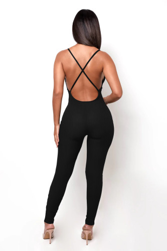Solid Color Ribbed Straps Padded Casual Yoga Bodycon Jumpsuits