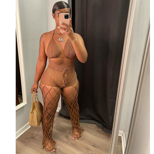 Sexy Khaki Beach Fishnet Perspective Hollow Halter Crop Top Two Piece