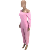 Solid Color Pink Thicken Pocketed Beveled Neckline Full Sleeve One Piece Jumpsuit with Belt