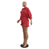 Solid Color Red Convertible Collar Ruffled Short Romper