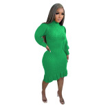 Casual Solid Basic Sweater Turtleneck Ruffle Hand-Knit Long Sleeve Dresses