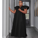 Solid Color Plus Size Woven Ruffled Sleeve V-neck Stitching Party Dress