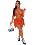 Orange Summer Beachwear Thread Ripped Crochet Knitted Tassel Bra Top & Shorts Co-Ord