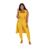 3PCS Solid Ribbed Tank Top + Sleeveless Long Cloak + Pants