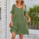 Summer Casual V Neck Three Layer Pleated Dresses
