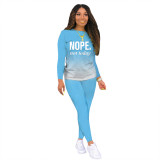 Light Blue Casual Letter Printed Gradient Two Piece Women Pant Set