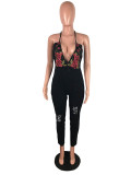 Casual Straps Denim Embroidered Jumpsuit