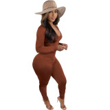 Casual Solid Brown Drawstring Wrinkles Backless V Neck Skinny Jumpsuits
