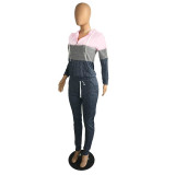 Casual Colorblock Hooded Zipper Pant Set