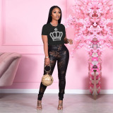 Casual Black O Neck Crown Hot Drill T-shirt Tops