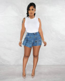 Stretch Denim Cargo Zippered Denim Shorts with Multi-Pocket