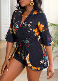 Hot Fashion Plunge Neck Half Sleeve Floral Printed Tie Waist Rompers