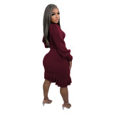 Casual Solid Basic Sweater Turtleneck Ruffle Hand-Knit Long Sleeve Dresses