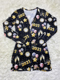 2021 New Year's V Neck Pattern Shorts Romper