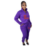 Autumn/Winter Fleece Printed Letter Pullover Zipper High Neck Casual Sports Two Pieces