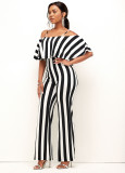 Summer Women's Striped Short-sleeved Off-the-shoulder Straps Loose Wide Leg Jumpsuit
