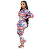Hole Net Zipper Print Jumpsuit