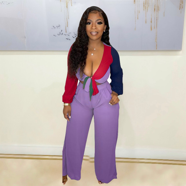 Purple Two Piece Color-blocking Lace-up Crop Top and Wide-leg pants with Pockets