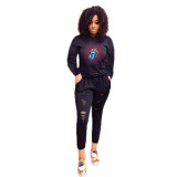 Solid Color Burning Hoodie Two Pieces Set
