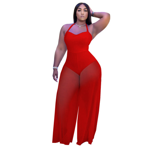 Solid Color Stitching Halter Jumpsuit