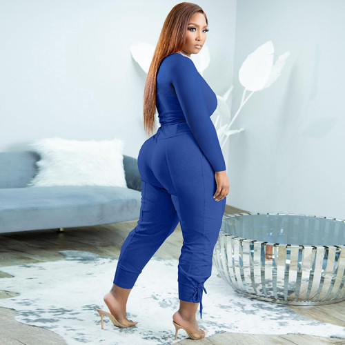 Blue Casual Solid Bandage Patchwork V Neck Plus Size Two Pieces Pant Set