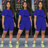 Mother's Day Heart Print Sports Shorts Set Two Piece - Royal Blue