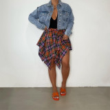 Summer Printed Preppy Style High Waist Plaid Belted Midi Asymmetrical Skirts