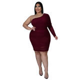 Plus Size Lavish One Shoulder Double-layer Mesh Pleated Dress - Wine Red