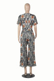Short Sleeve Print Jumpsuit with Belt