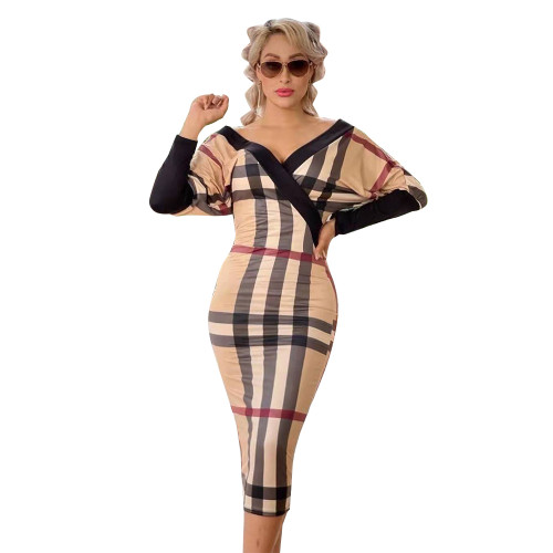 Casual Printed Off-shoulder Long Sleeve Mid Dress