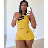 Yellow Ladies Pyrography Shirring Tank Top Shorts Casual Two Piece Set