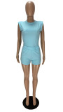 Sky Blue Solid Sleeveless Shoulder Pads Two Piece Shorts Sets