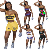 Spoof Letter Printed Sports Straps Short Set