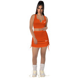 High Elastic Cotton Pit V Neck Low-cut Drawstring Embroidery Skirt Set