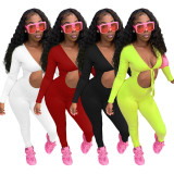 Solid Color Autumn Lace-up Cutout Jumpsuit