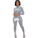 New Sports Offset Printed Letter Bodycon Bodysuit Top Trouses Two Piece Set