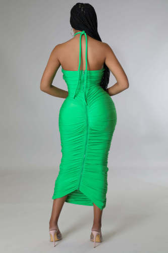 Women Summer 2022 Bandage Dress Halter Slit Lace Up Bodycon Evening Club Party Ruched Long Dress