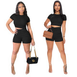 Solid Color Black Pit Ribbed Gathering Stacked Short Sleeve Shorts Set