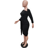 Plain Bandage Ruched Slant Neck Midi Dress