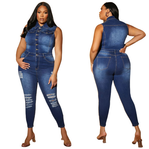 Fashion Ripped Sleeveless Turndown Neck Denim Jumpsuit