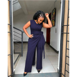 Casual Solid Patchwork O Neck Regular Jumpsuits with Single Shoulder Outwear